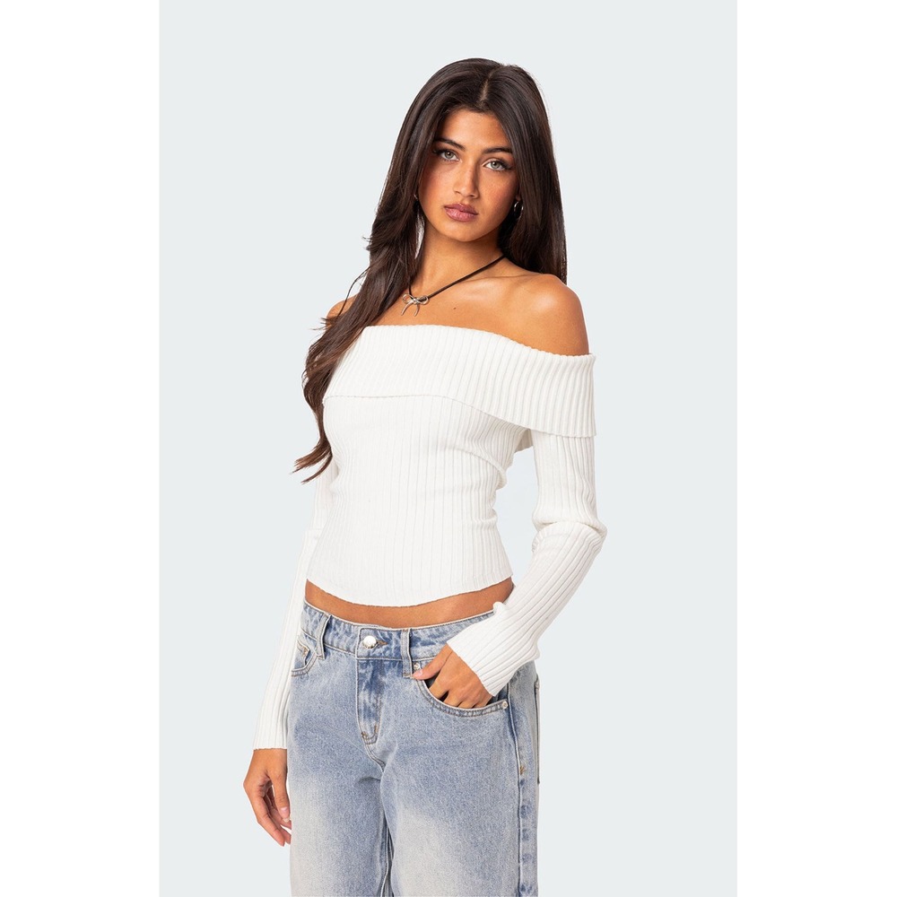 Edikted White Ribbed Off The Shoulder Long Sleeve Top Size M Bardot Knit